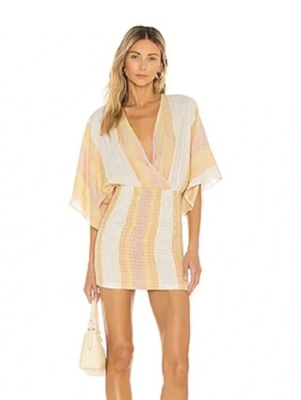 L*Space Striped V-Neck Mini Dress in Pastel Yellow and Cream